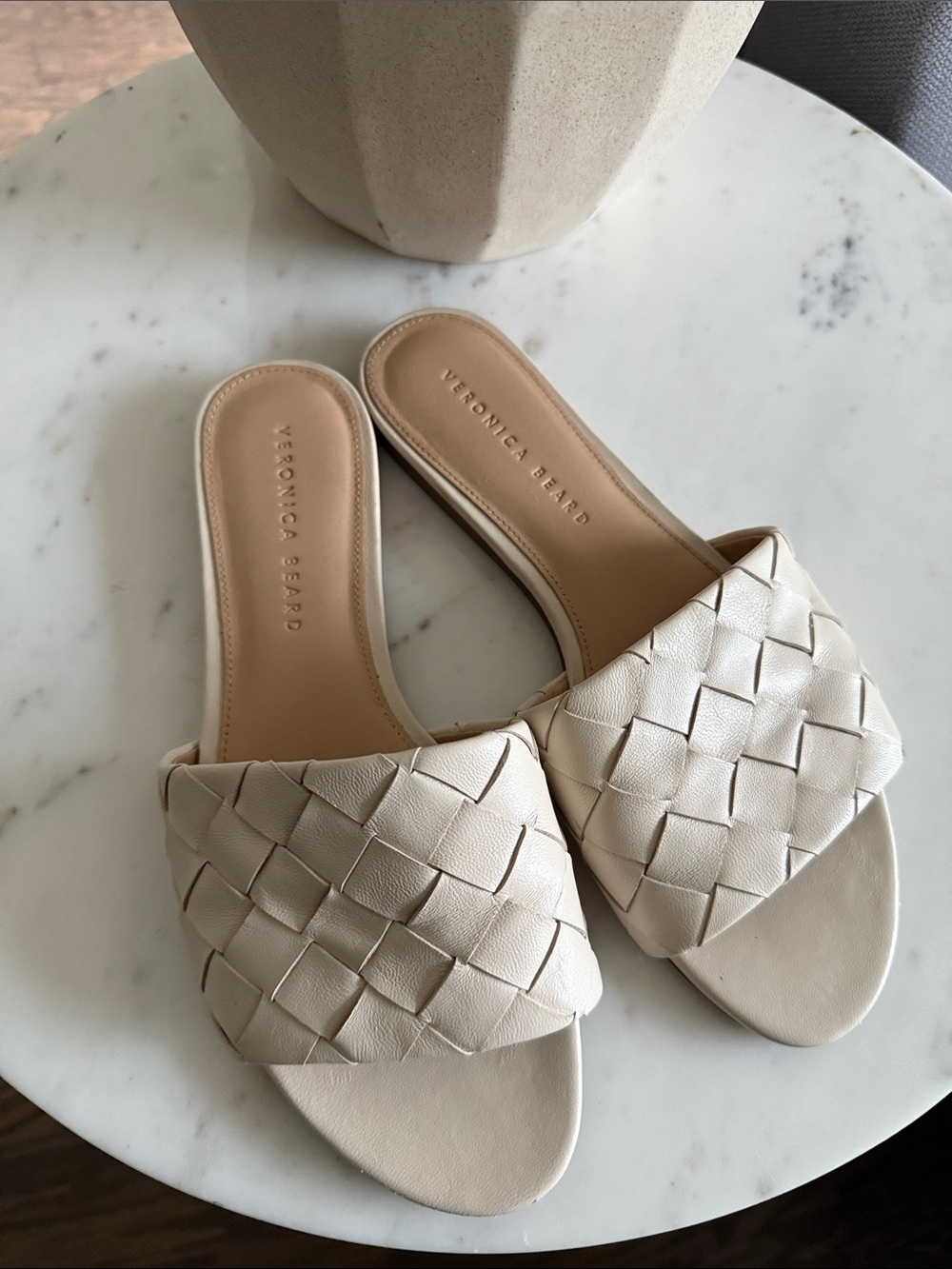 Veronica Beard Cream Woven Slide Mules